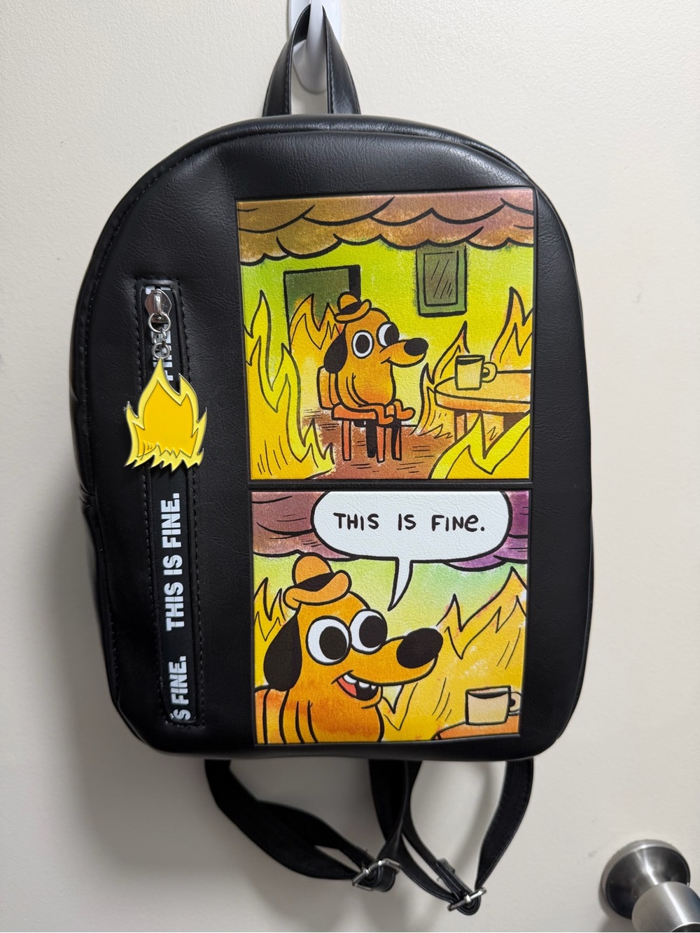 Black 'This Is Fine' Dog Comic Mini Backpack - Novelty Pet-Themed Bag